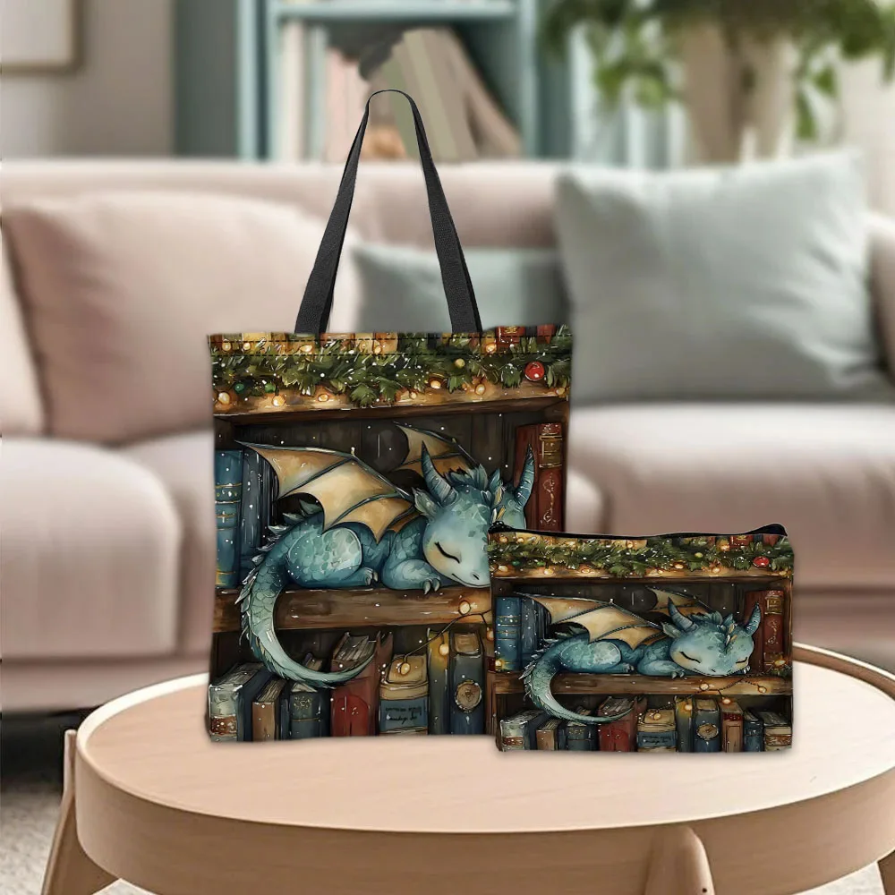 Christmas ElementsA Little Dragon SleepingTote Bag Makeup Pouch Practical Combination Shopping Storage Bag Fantasy Style Handbag