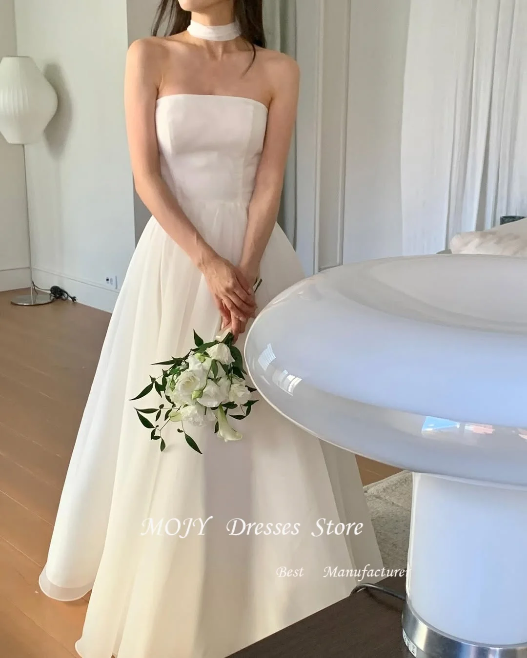 Mojy Black Party Dresses Korean Style A Line Simple Wedding Dresses Strapless Prom Dresses Corset Back Evening Dresses