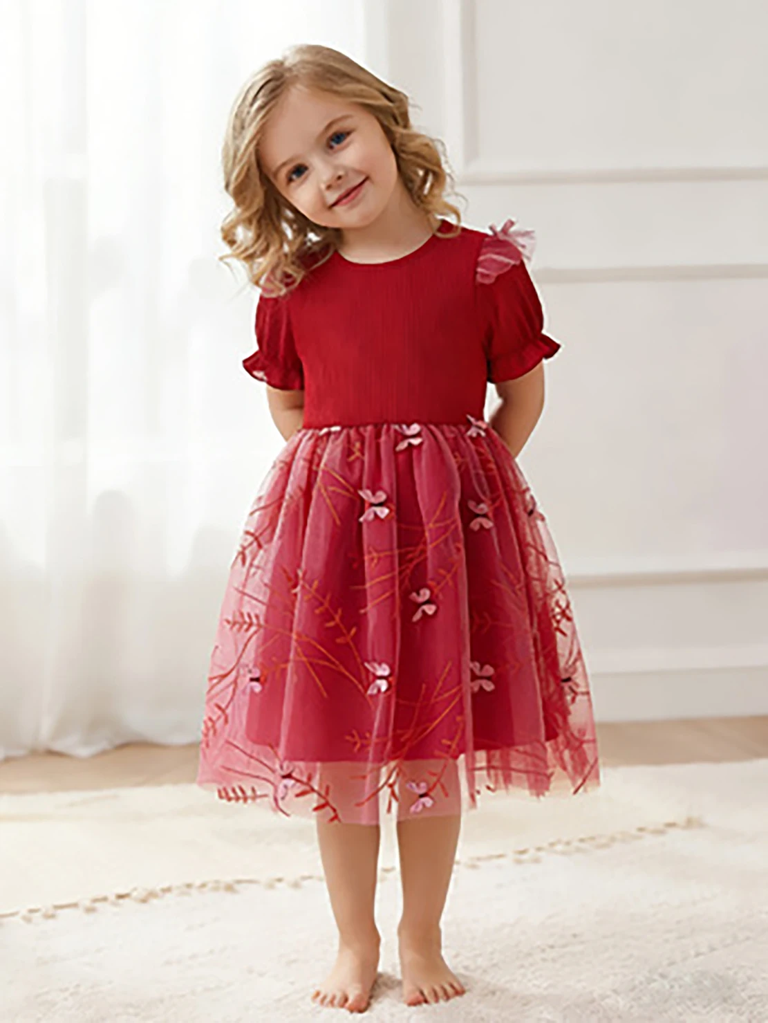 Mädchenkleid mit Roter Schmetterlings-Stickerei, Tüll-Prinzessinnenkleid, Sommerkleid mit Puffärmeln