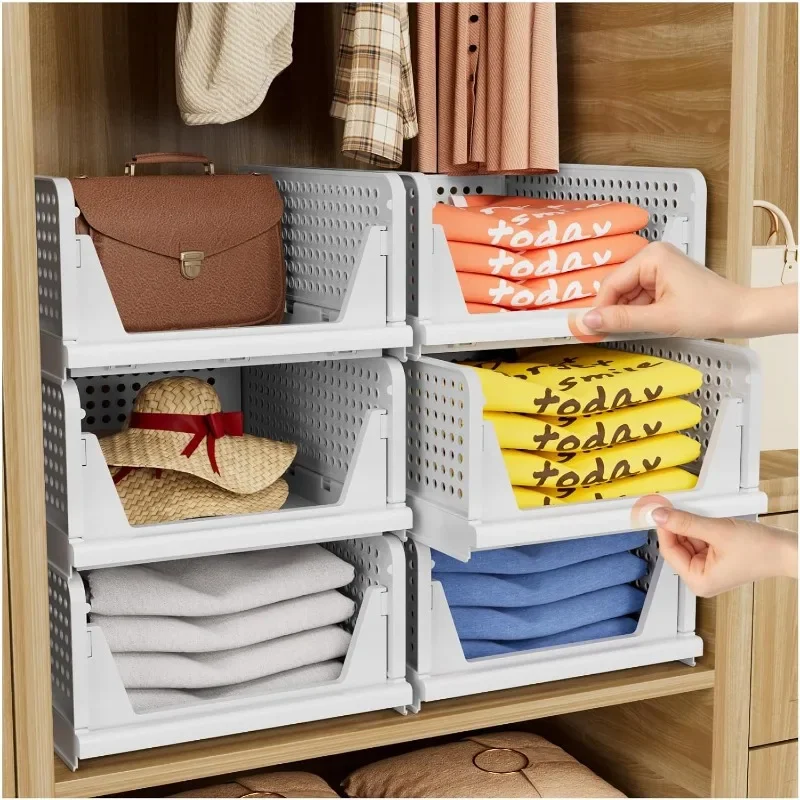 

5 Pack Folding Closet Organizers Storage Box, Stackable Storage Bins, Plastic Drawer Basket Closet Storage for Wardrobe