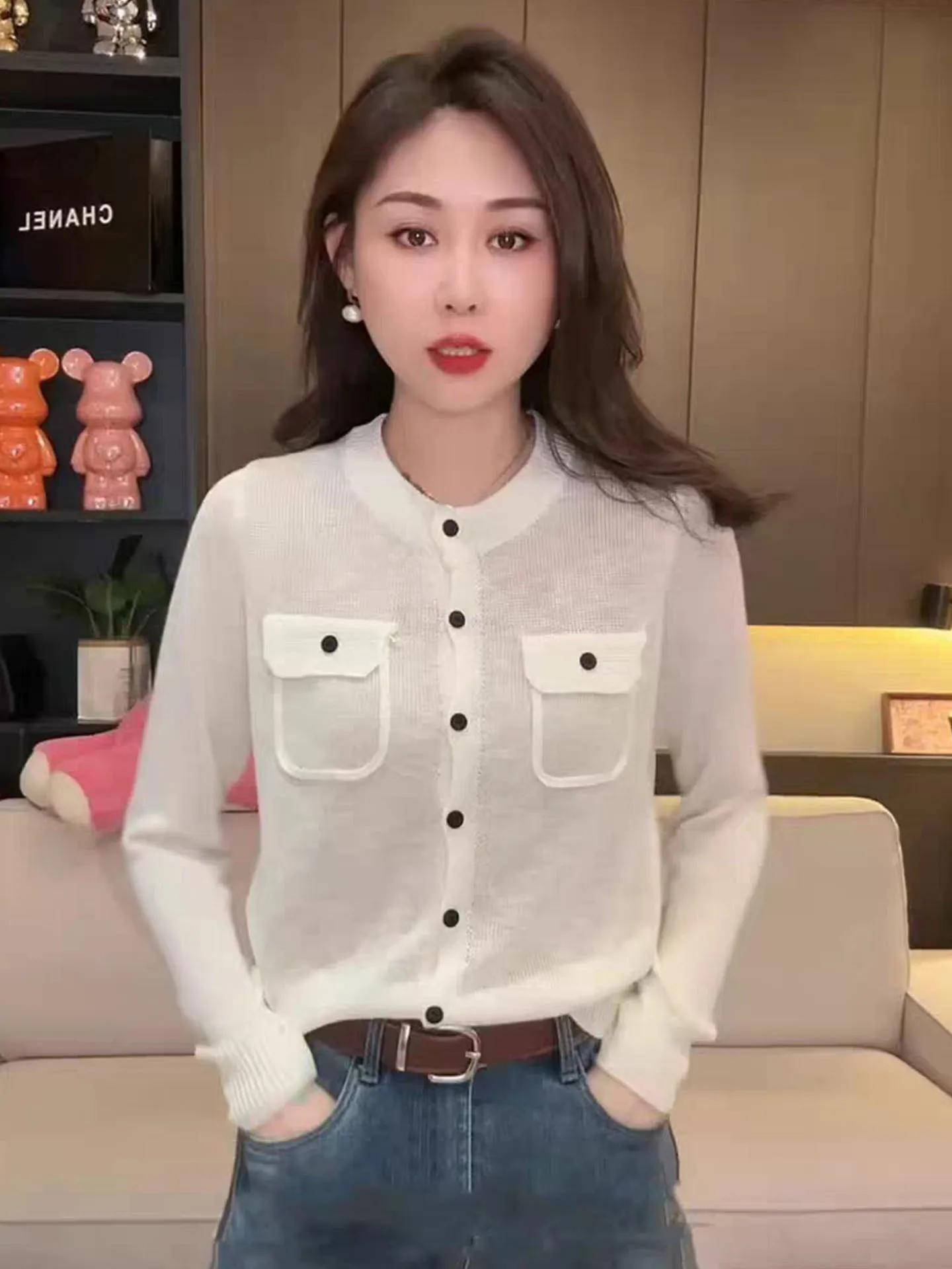 2025 Summer Commute Versatile Long Sve Knitted irt Single Button Chic Faion Top Women's Loose Fit Korean Sle Soft Ma...