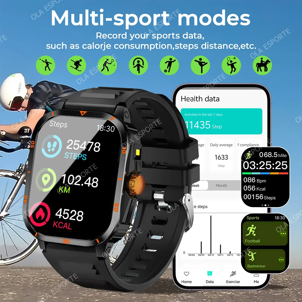 New Outdoor Smart Watch Waterproof 2.01" Screen Bluetooth Call Heart Rate Health Multiple Sports Modes Flashlight Men Smartwatch