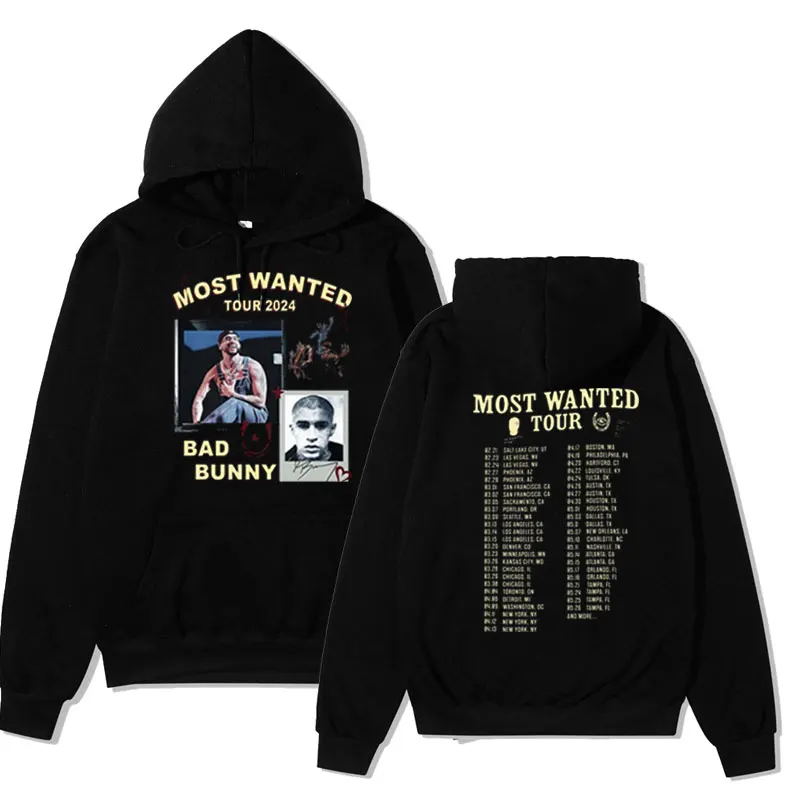 

Rapper Bad Bunny Most Wanted Tour 2024 Double-sided Printed Hoodies Men Women Streetwear Harajuku Long-sleeved Sweatshirt Tops