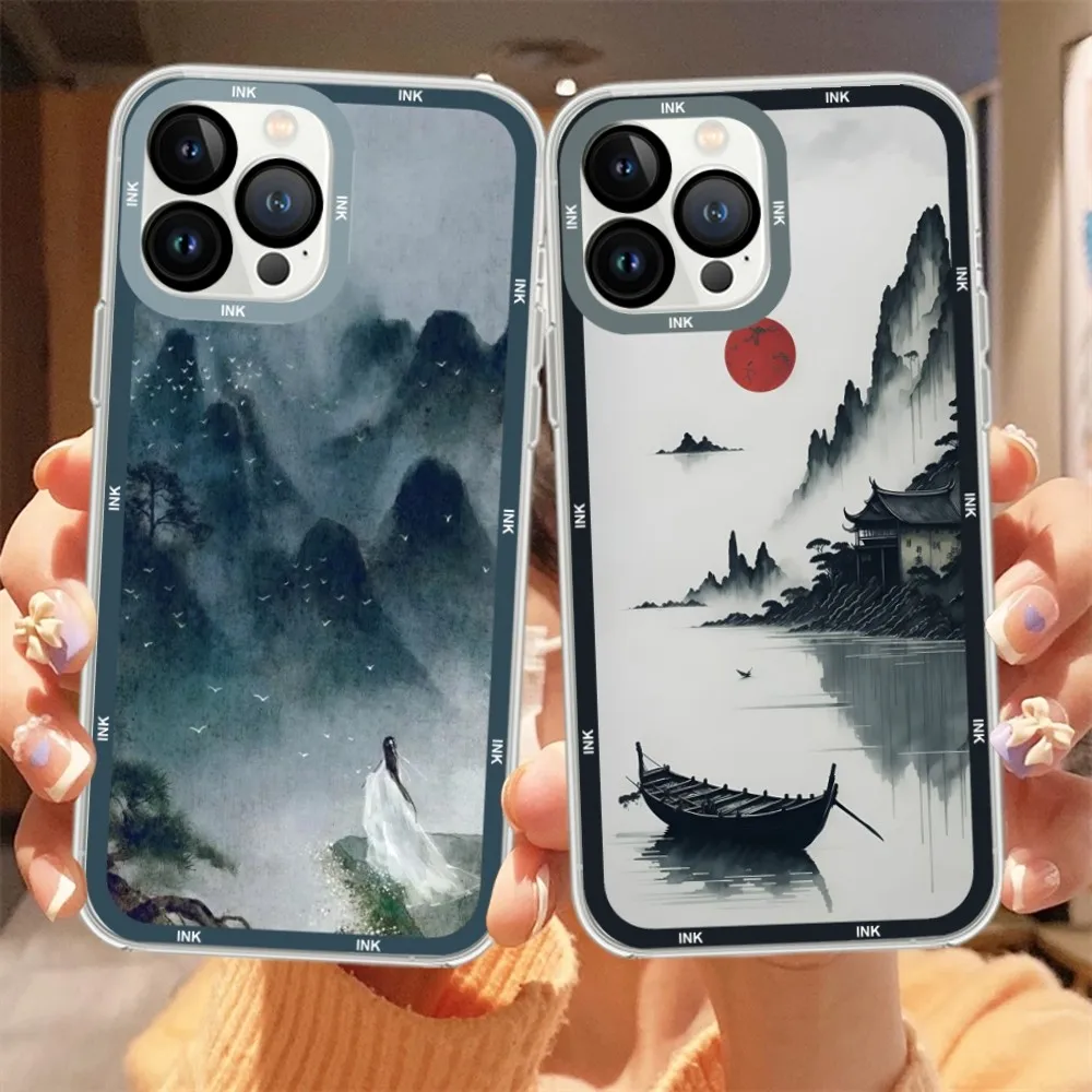 Ink and wash landscape painting Phone Case For iPhone 11 12 Mini 13 14 15 Pro Max Transparent Shell