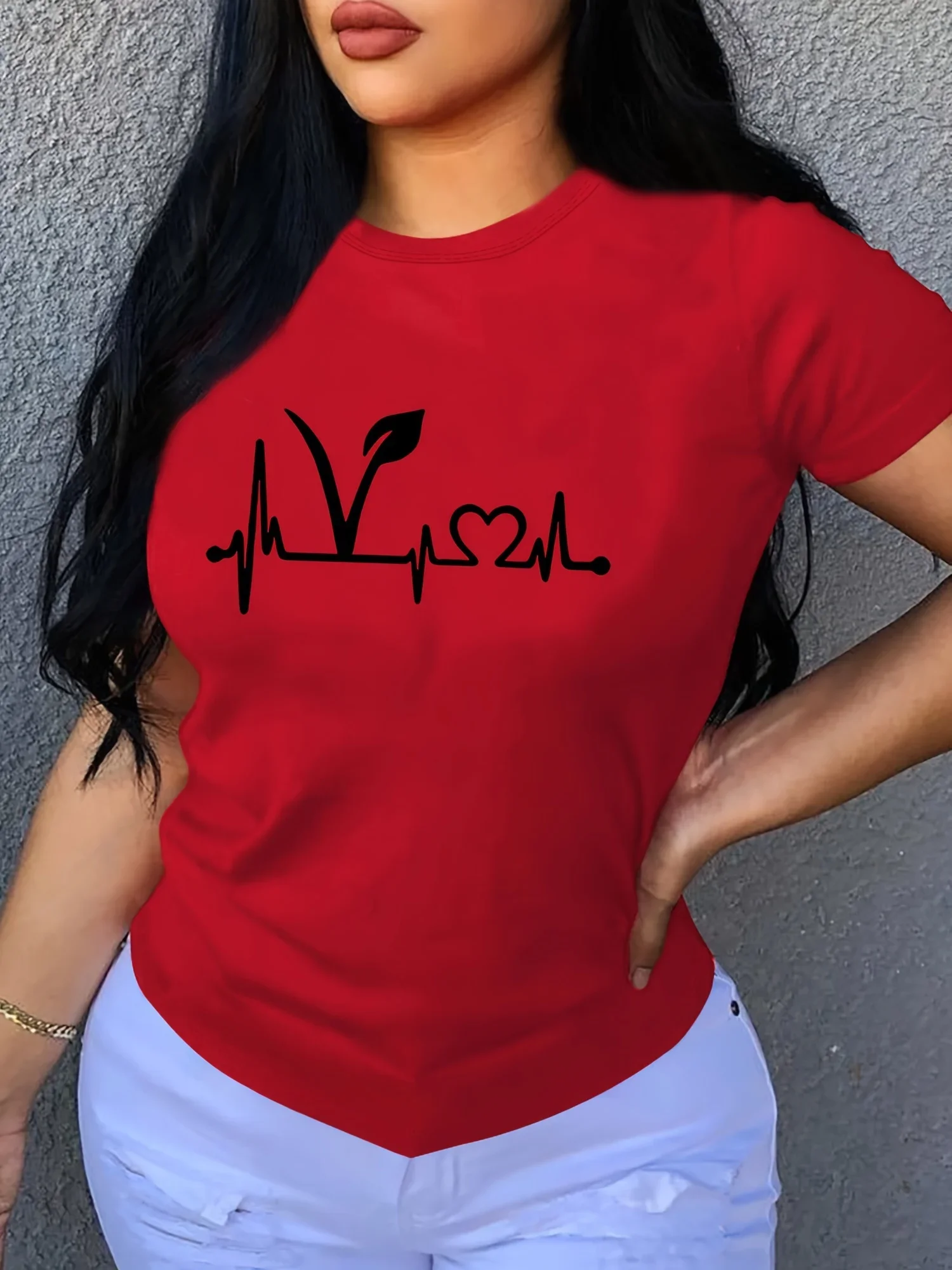 

Plant Print Female Short Sleeve T-Shirt Crew Neck Casual Top for Summer & Spring Women's Clothing
