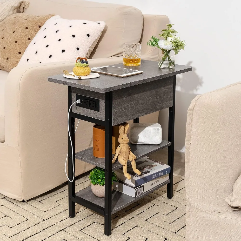 End Table with Charging Station, Flip Top Side Table with USB Ports and Outlets,  Bedside Table with Storage Shelves