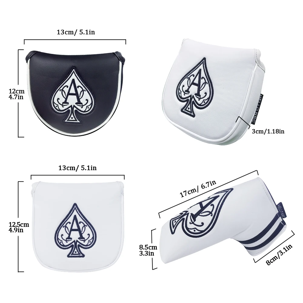 Golf Putter Headcover Mallet Blade Square Golf Club Waterproof Protector Set Poker Ace Of Spades Design PU Leather Golf Supplies