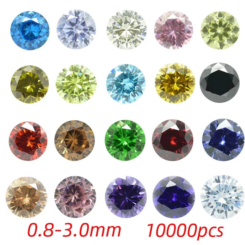 

10000pcs0.8~3.0mm 5A High Quality Cubic Zirconia Various Color Loose CZ Stone Round Brilliant Cut Synthetic Gems Wholesale