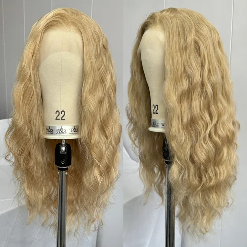 Imagen 2 del producto Pelucas de Cabello Sintético con Frente de Encaje 13x4, Largas, Rubias con Mechas, Onduladas y Rizadas, para Mujer, Color Rubio Miel Mixto 613
