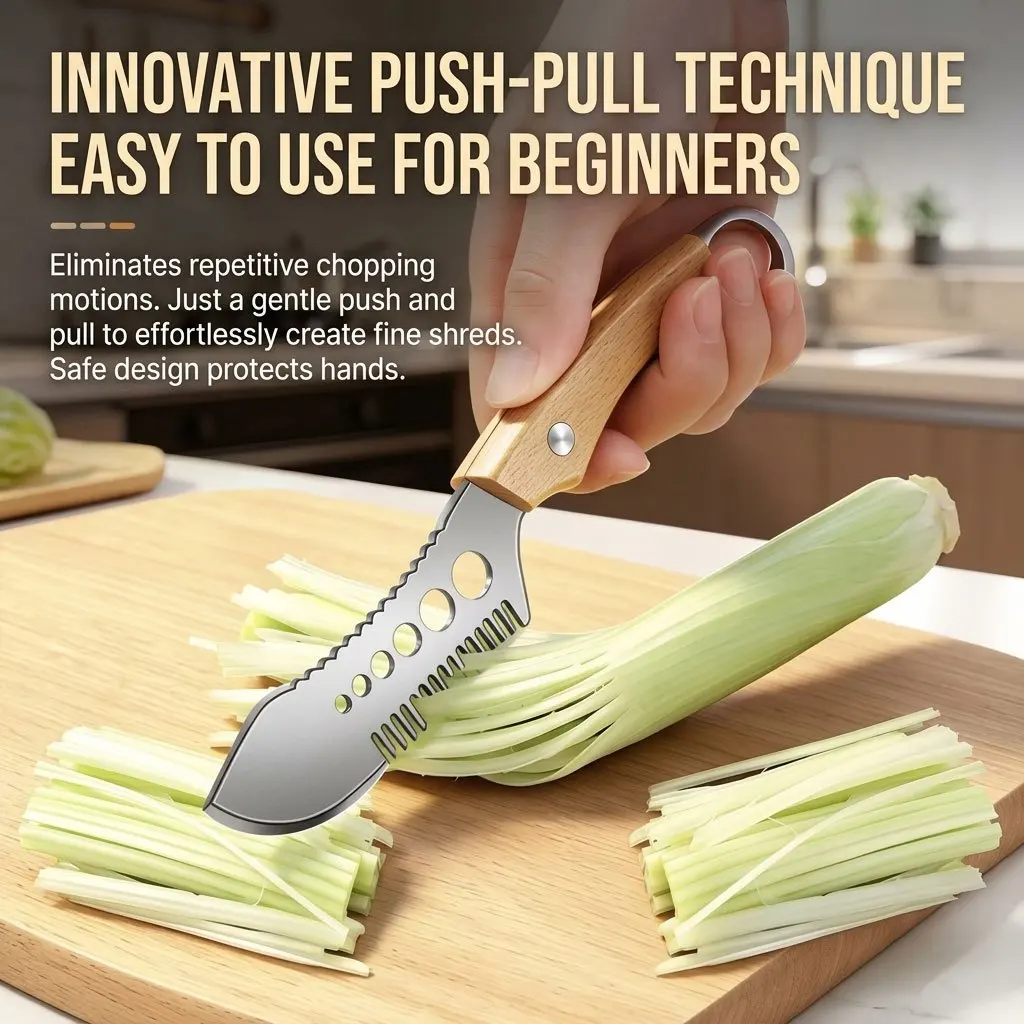 New Improved 2-in-1 Scallion Shredder&Herb Stripper, Stainless Steel Slicer with Wooden Handle-Fish Scaler & Bottle Opener