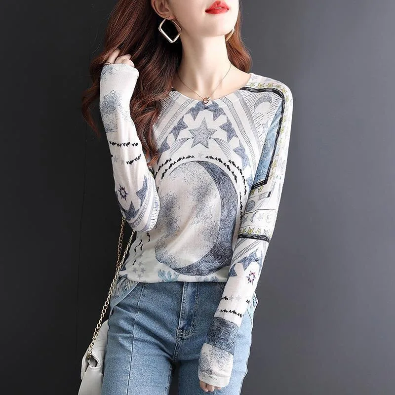 Spring and Autumn Women\'s Pullover Round Neck Long Sleeve Printing Knit Patchwork Office Lady Fashion Young Style Underlay Tops