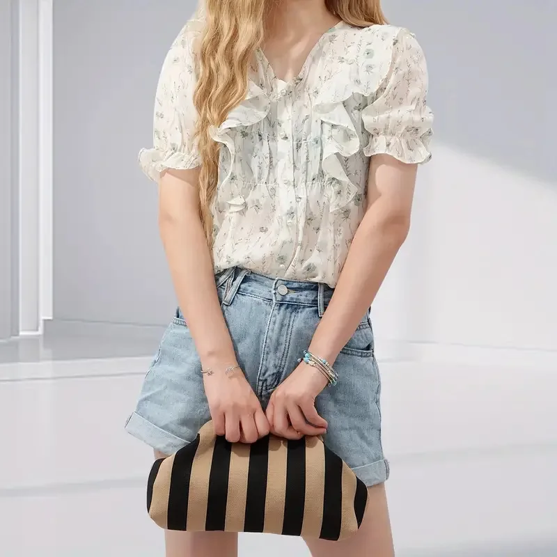Woven Crochet Handbag Striped Colorblock Clutch Purse Ruched Bag Versatile Casual Beach Clutch Bag For Daily Commute Vacation