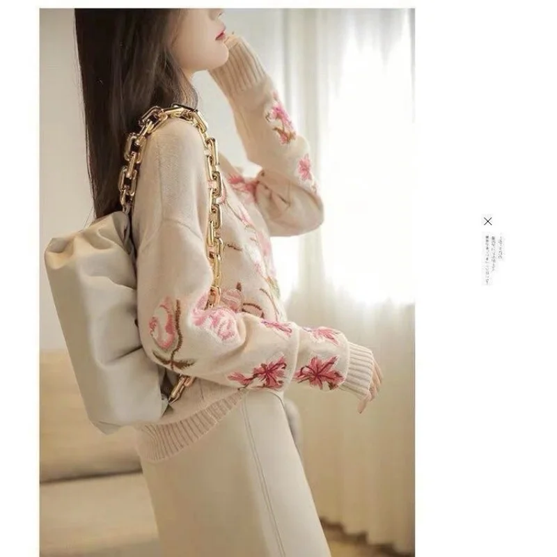 

Chinese Style Luxury Embroidery Flower Knit Pullover Women 2025 New Autumn O-neck Cashmere Knitwear Fashion Female Jumper