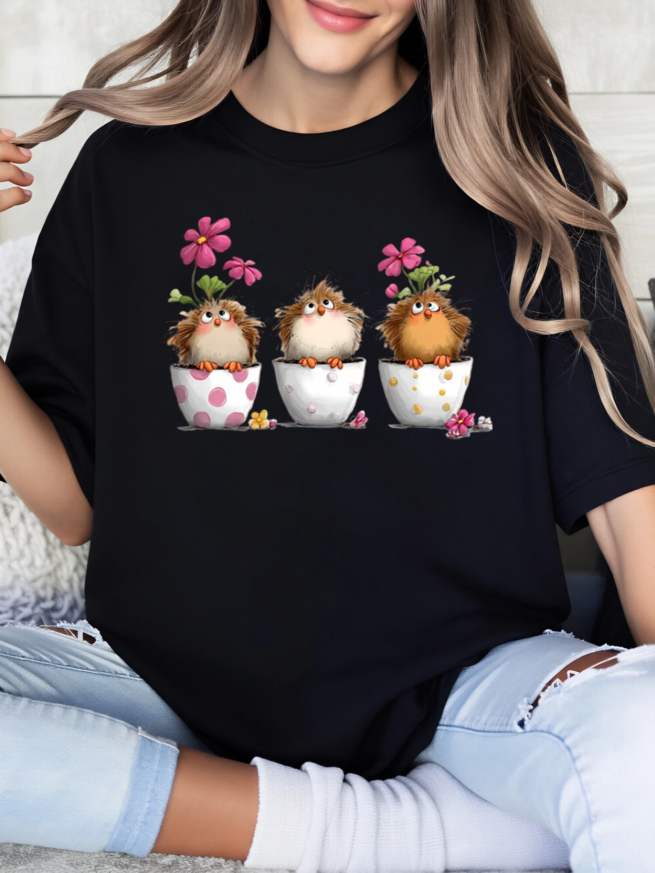 Cute Birds in Teacups with Flowers Easter Design t Shirt Women Casual Spring Outfit Black Plus-Size