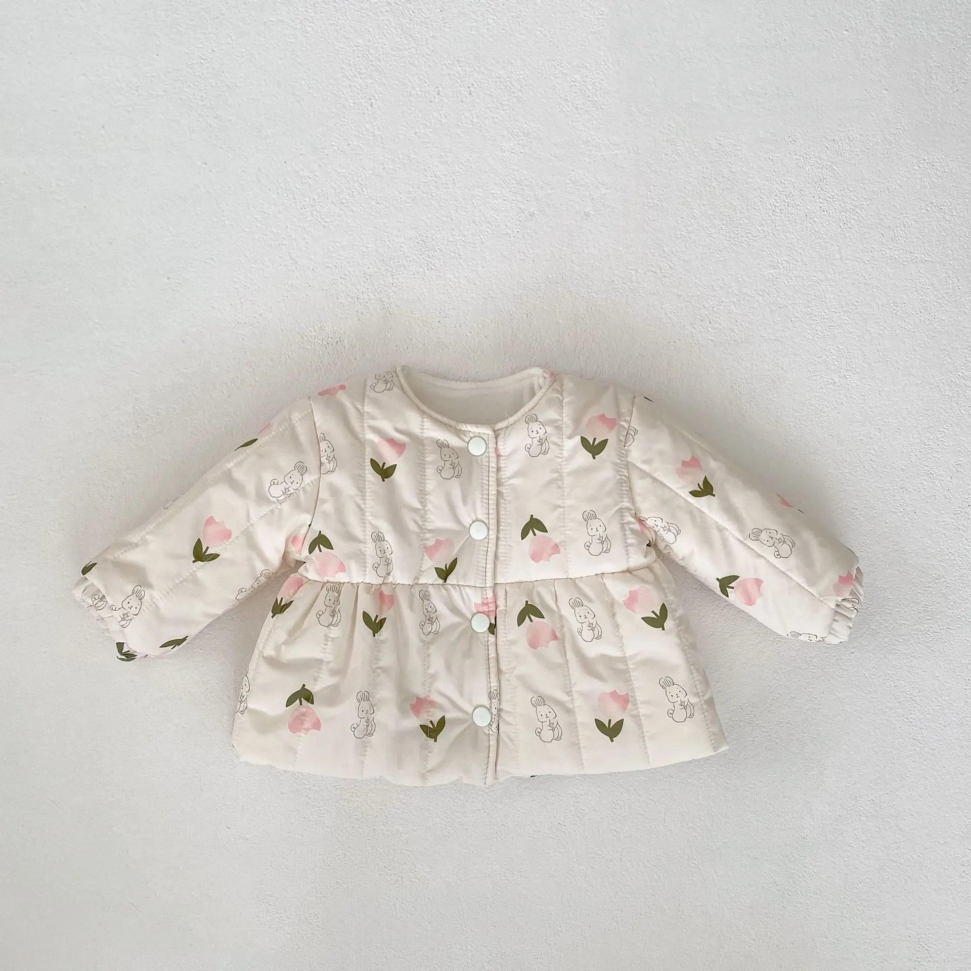 2024 Winter New Baby Girls Cute Tulip Bunny Print Fleece Coat Plus Velvet Thick Infant Cotton Padded Jacket Toddler Warm Clothes