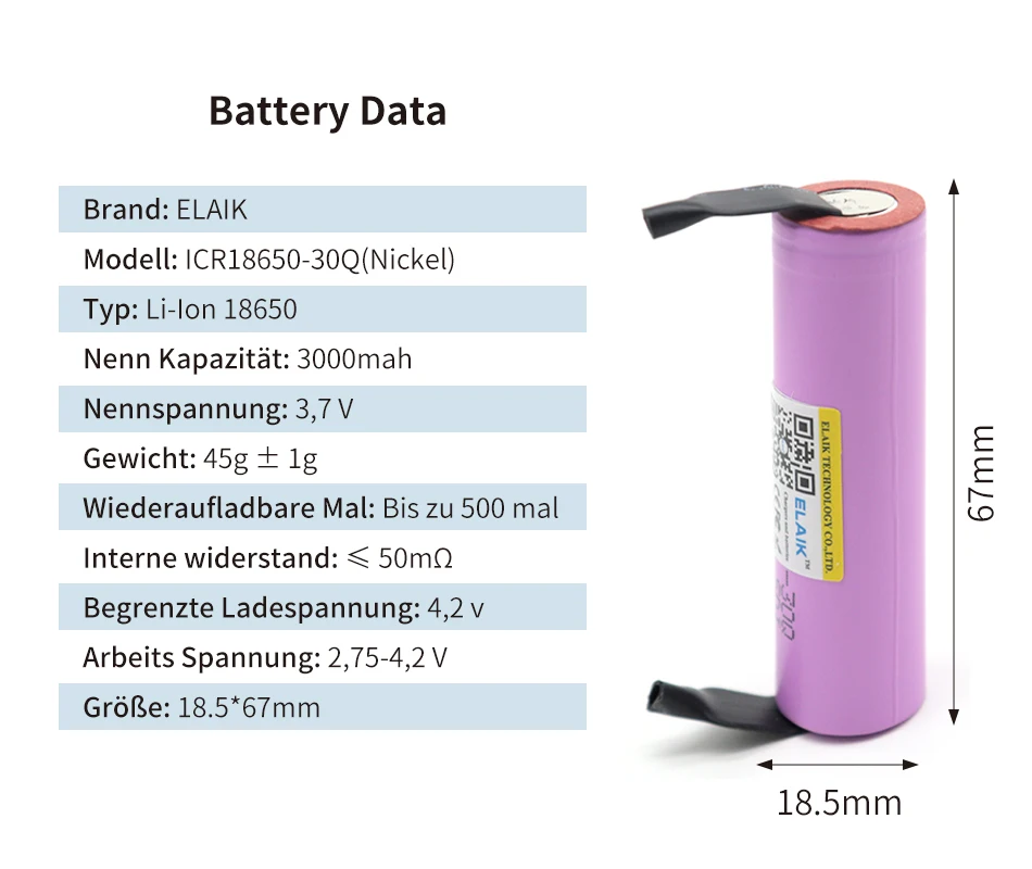 ELAIK 30Q 18650 3000mah High power discharge Rechargeable battery power high discharge,30A large current + DIY nicke