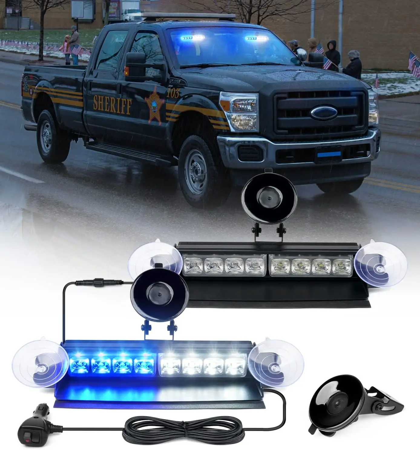 LEDWindshield Dash Strobe Flashing Dual Lightbar Cups Deck Traffic Lights for Emergency  Patrol POV Vehicles Trucks White & Blue