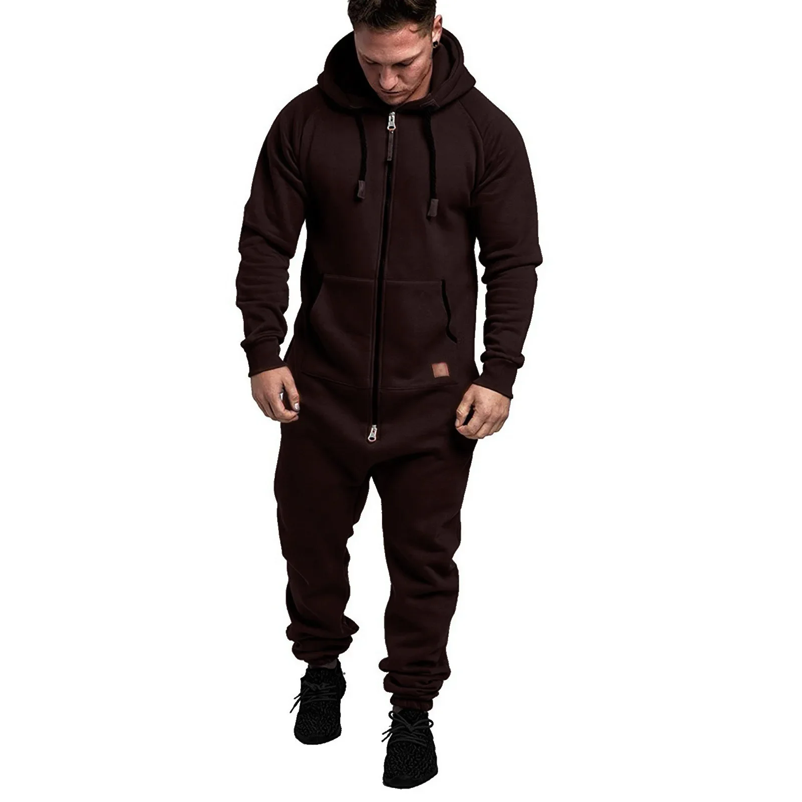 Men Jumpsuit Solid Long Sleeve Hooded Thick Playsuits Male Zipper Hoodies Romper Autumn One Piece Sets Casual Straight