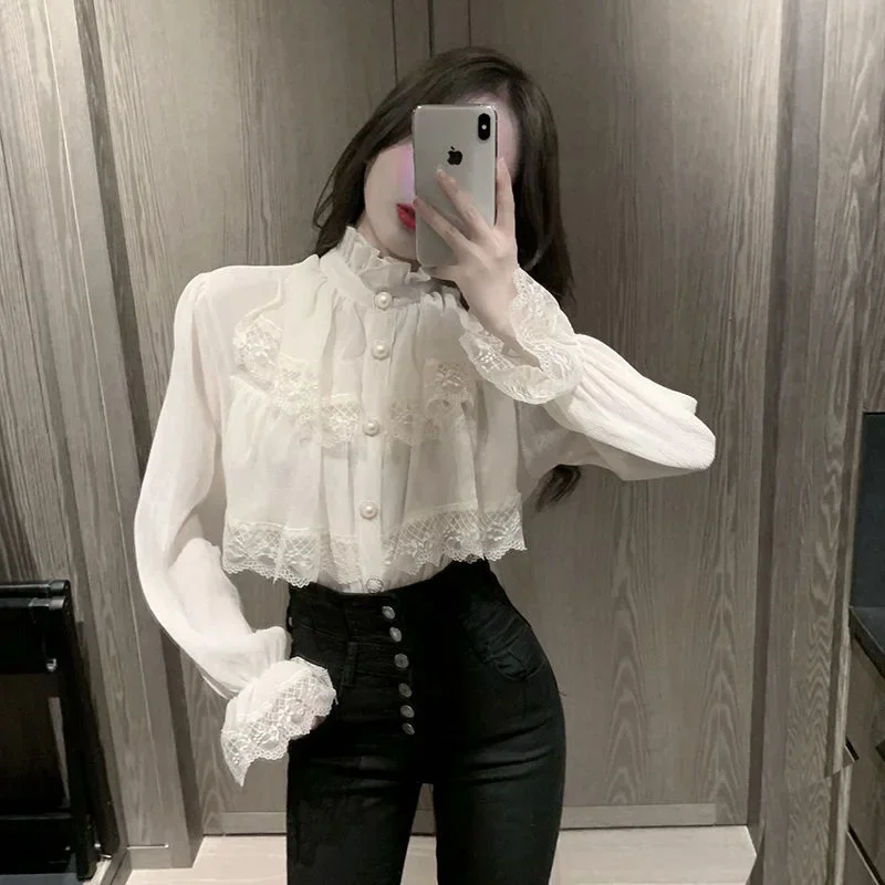 Blusa blanca de moda para mujer, camisas de gasa con cuello levantado, Blusas de encaje con volantes de manga larga Vintage, Tops 2023