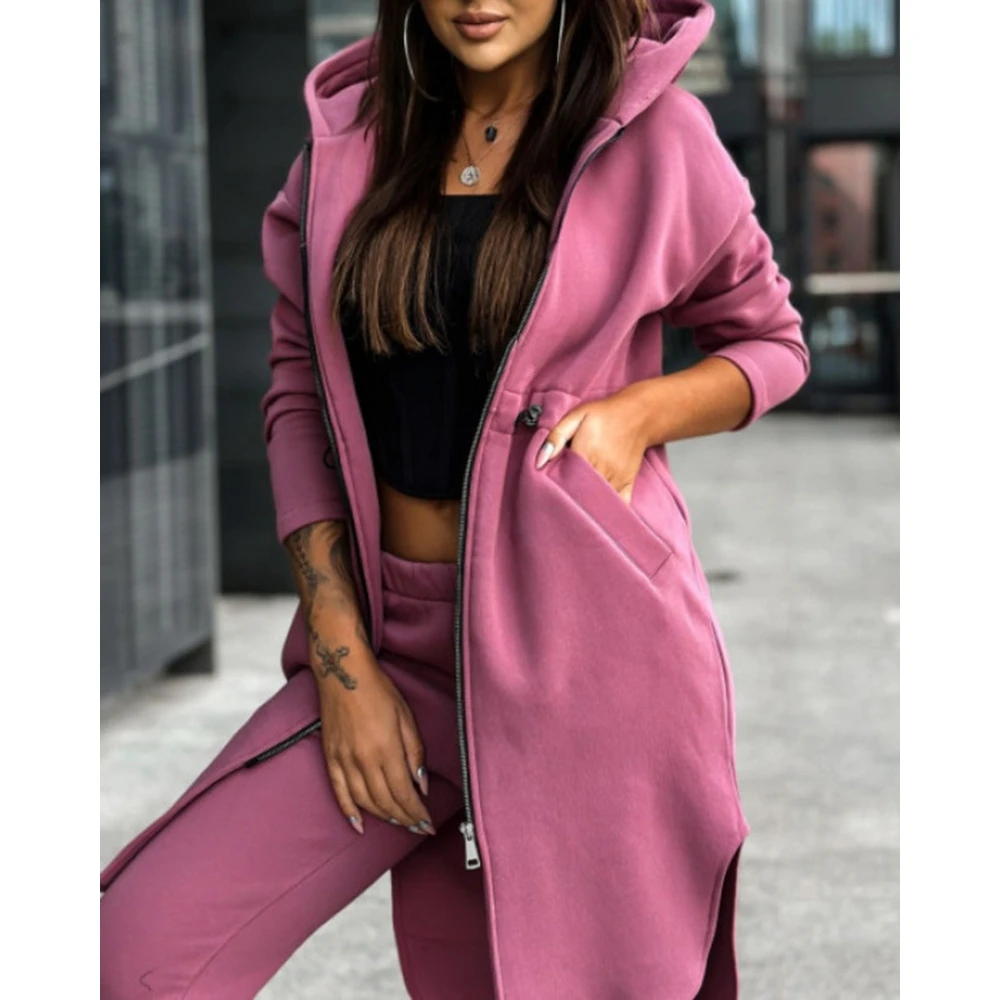 

Autumn Women Zipper Design Longline Long Sleeve Hooded Coat & Cuffed Pencil Pants Set Causal Sporty Streetwear Two Pieces Set