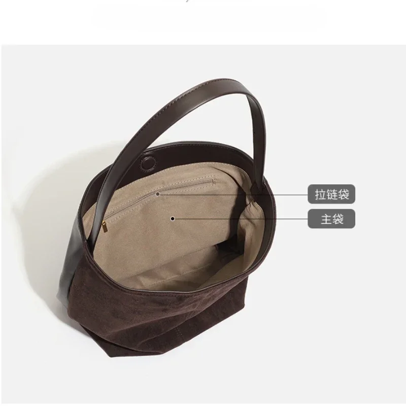 Vintage Women\'s Bag Large Capacity Suede Bucket Shoulder Bag Solid Color Simple Casual Commuter Bag Luxury Designer Purses