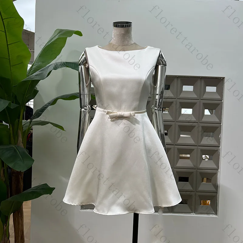 Customized Women White Mini Dress Sleeveless Satin Bow Detail High Waist A Line Birthday Graduation Elegant Photoshoot Outfit