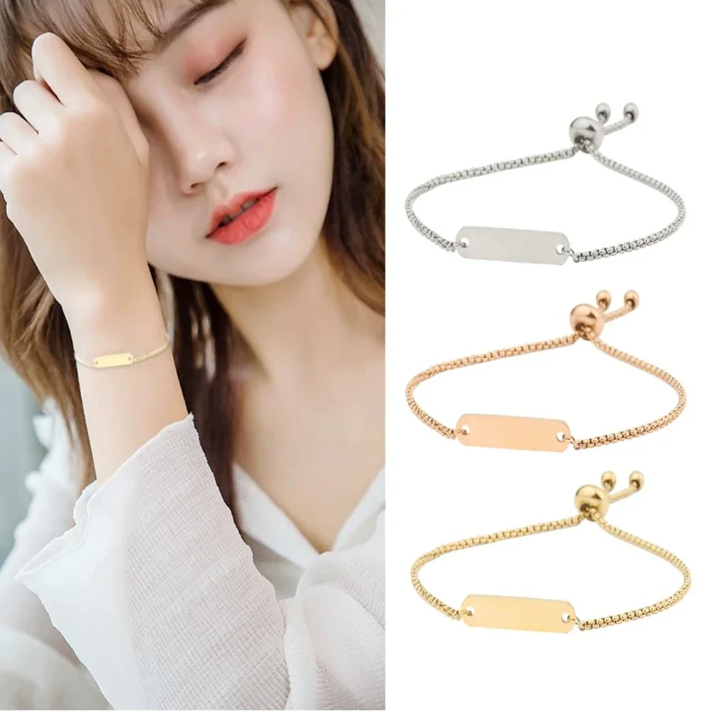 10pcs Fashion Mirror Polished Stamped Blank Strip Pendant Bracelet Stainless Steel Adjustable Suitable for Women's Jewelry