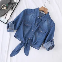 Women's short knotted denim shirt small figure with 3/4 sleeves summer slimming, pure cotton, thin sun protection shawl top coat