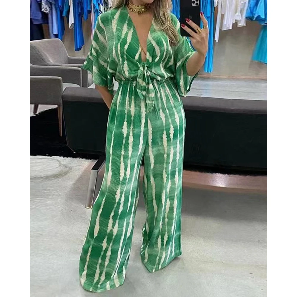 

Elegant Women Striped Tie Dye Print Deep V Neck Half Sleeve Jumpsuit Tie up Wide Leg Casual Sexy Lady Jumpsuits y2k Clothing