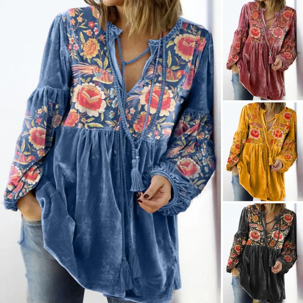 Bohemian Style Top Floral Print V-neck Drawstring Blouse for Women Retro Style Long Sleeve Fall Spring Top with Pleated