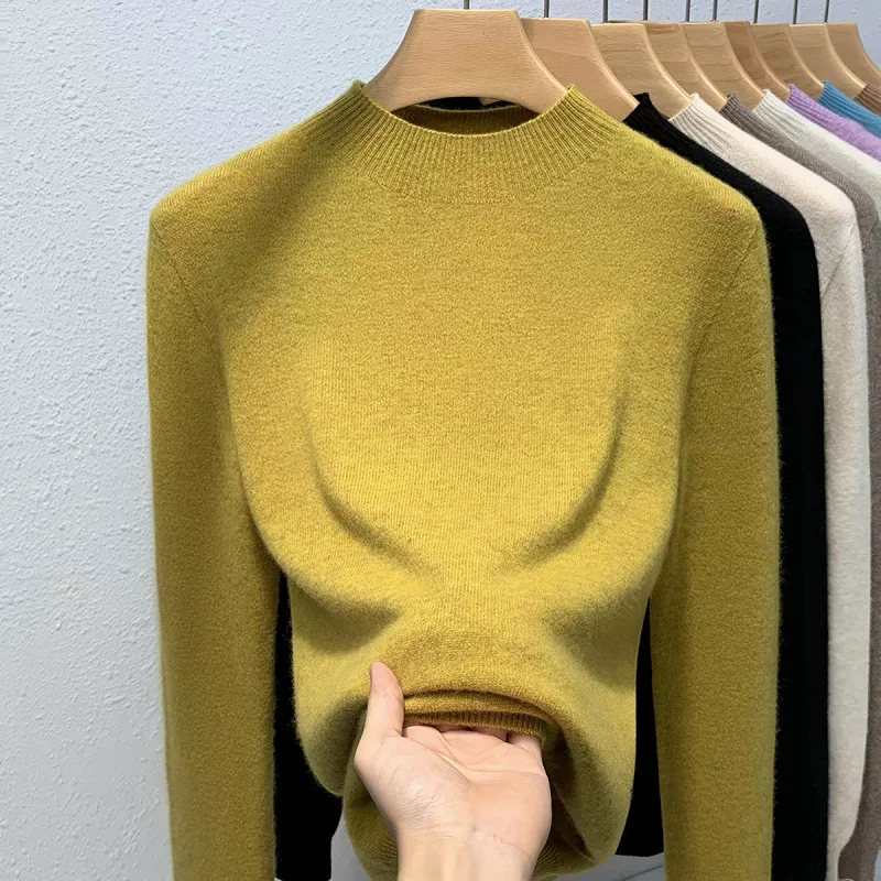 Half High Neck 100% Merino Sweater Women's AutumnWinter Basic Style Knitted Jumper Long Sleeved Loose Wool Knitted Pullover Top