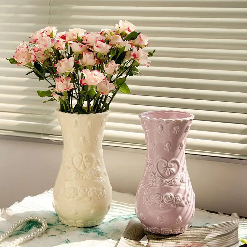 

Ornaments European Style Retro Relief Rose Imitation Ceramic Vase Living Room Senior Sense Desktop Home Decoration