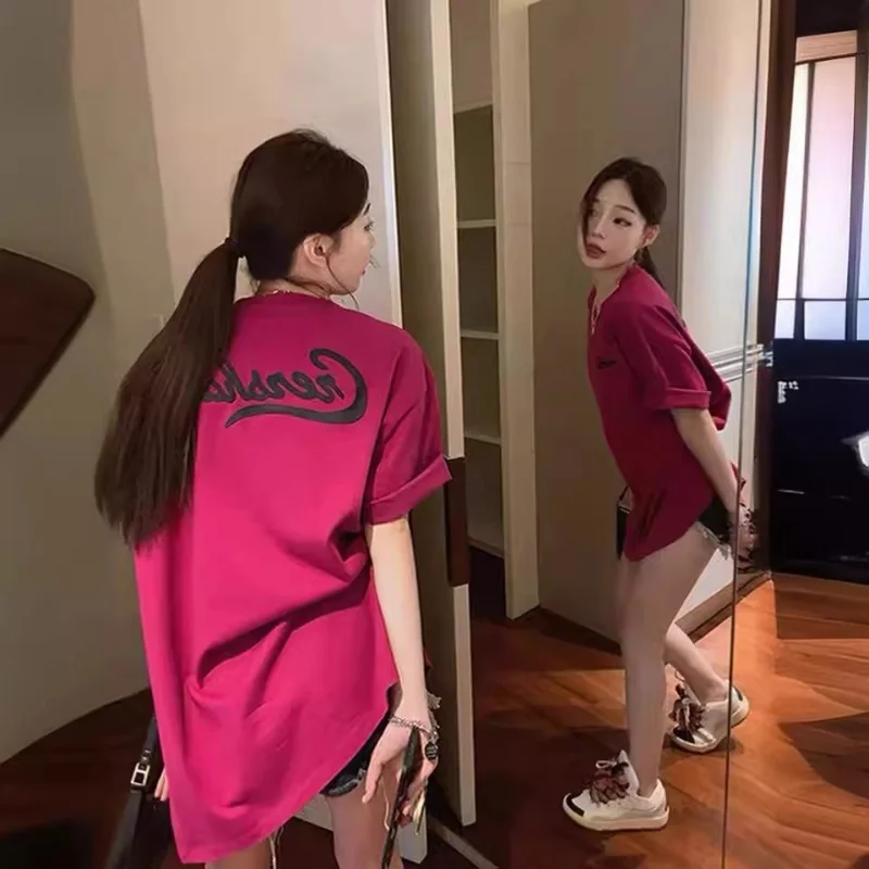 

Новое летнее платье, женская хлопковая свободная футболка с коротким рукавом, модная новая дизайнерская длинная футболка в Корейском стиле, свободный повседневный летний топ