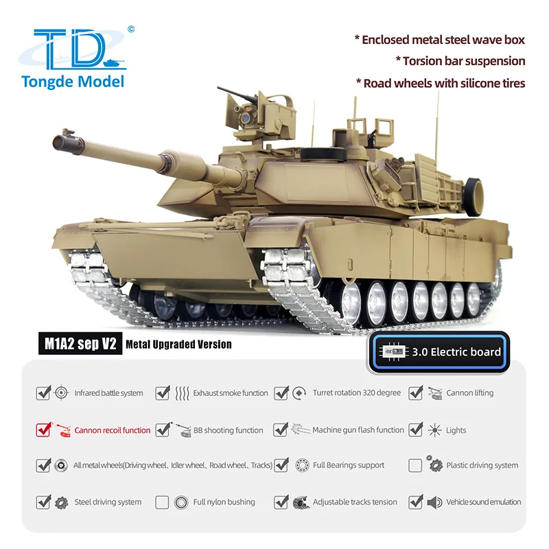 TD Ready to Run Panzer 1:16 RC Tank M1A2 SEP V2 Abrams Radio Control Infrared & BB Battle Tanks Metal Tracks Rock Arm Model