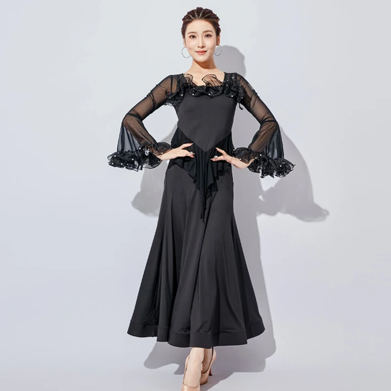 Black Standard Dance Long Dresses Women Flare Sleeve Ballroom Modern Dance Dress Waltz Stage Performance Wear Ball Gowns VDL3323