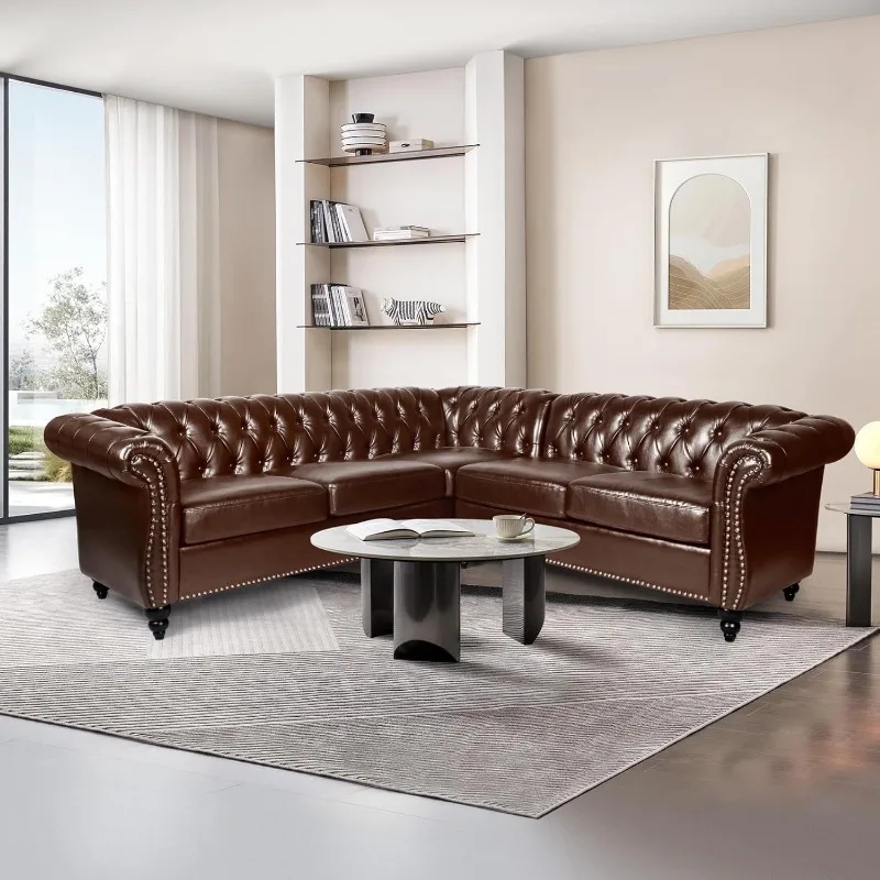 L-Shaped Sofa, Sectional Chesterfield Couch 5-Seater Velvet Upholstered Small Accent Tufted Sofa with Rolled Armrest