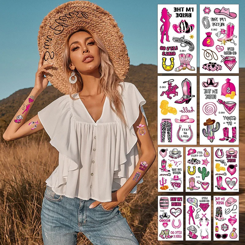 

6/8 Sheets Pink Girl Western Cowboy Tattoo Stickers Single Party Temporary Face Patch Set Waterproof Tattoo Stickers