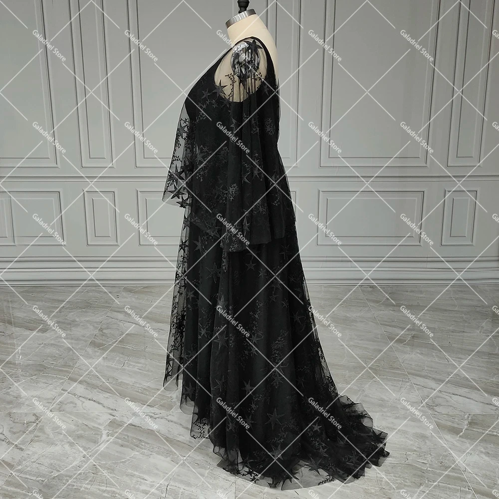 Black Celestial Star Batwing Sleeves Cocktail Dress Maxi A Line Styled Photography Illusion V Neck Beach Homecoming Evening Gown