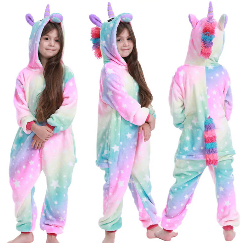 Kawaii Girls Pajamas Winter Purple Unicorn Onesie Hooded Plush Kigurumi Jumpsuit Blanket Sleeper Warm Overall Kids Nightwear Pjs