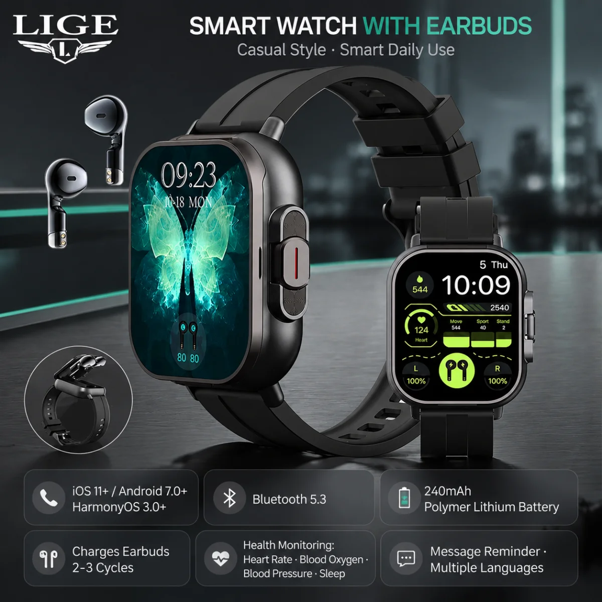 New 2 in 1 Headphone Smart Watch Men TWS Earbuds Wireless Call Music Play Watches 2.01'' HD Screen Handheld Map Sport Smartwatch
