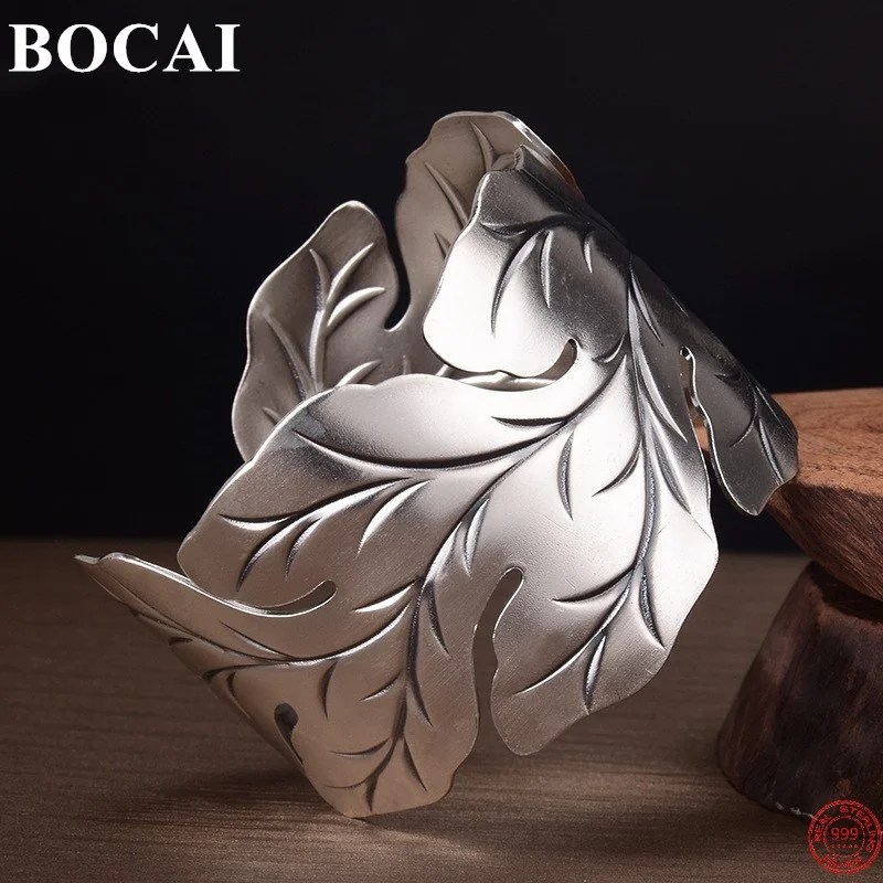 BOCAI S999 Sterling Silver Bracelet Wide Opening Beautiful Leaf Bangle Pure Argentum Hand Jewlry for Women