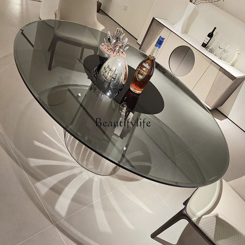 

Stainless Steel Modern Double Layer Glued Tempered Glass Dining Table Italian Minimalist Oval