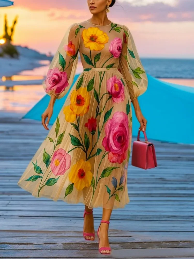 

Woman Beach Dress Elegant Vacation Dresses Summer Fairy Puff Sleeves Flower Print See-Through Bohemian Dress Sundress
