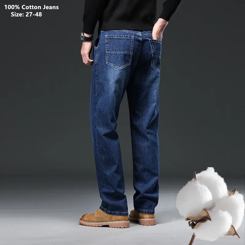 

2025 Men 100% Cotton Jeans Thick Straight Plus Big Size 42 44 46 48 140KG Loose Classic Black Denim Trousers Casual Pants