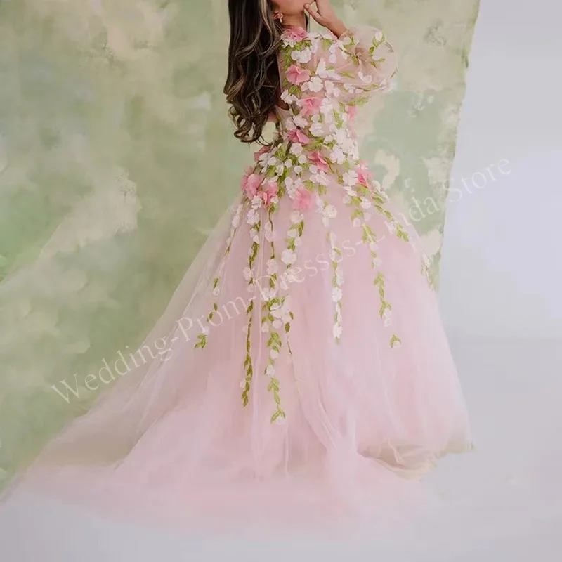 3D Flowers Pink Prom Dresses for Women Long Sleeve Floor-Length A-Line Special Events Wedding Gala Evening Graduation Gown 2023