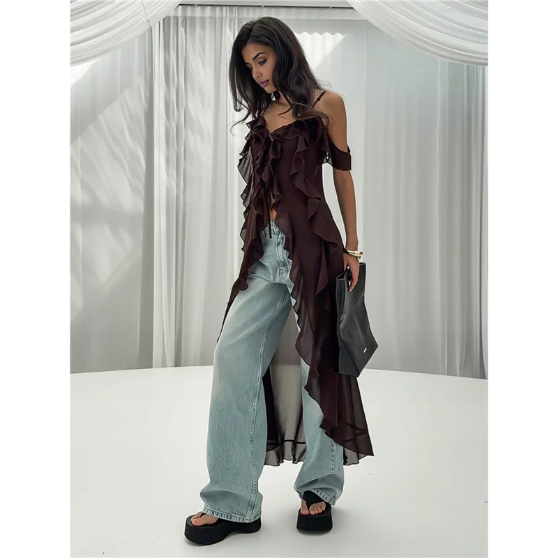 

ABP-Женская струящаяся длинная рубашка с разрезом спереди и рюшами, без рукавов, с открытой спиной, на тонких бретельках, многослойная шифоновая майка макси