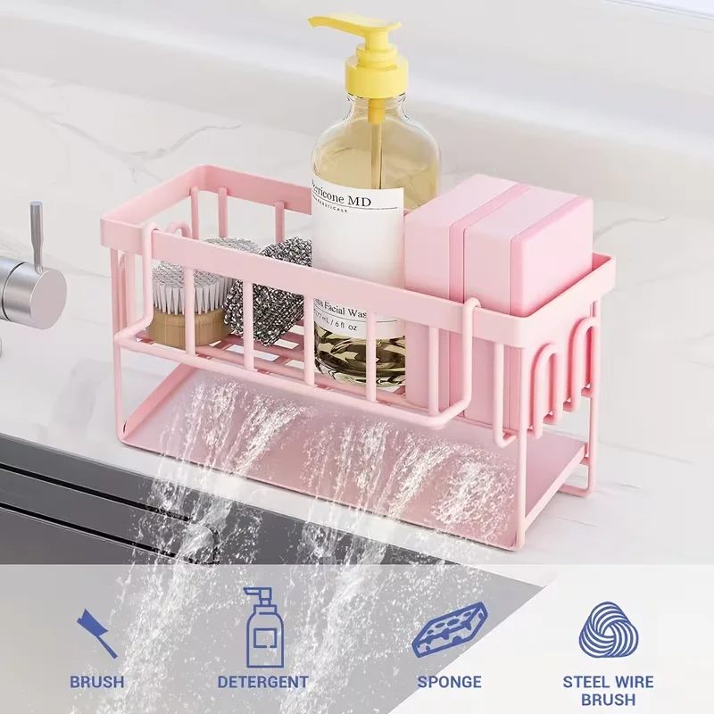 Pink Kitchen Sink Caddy Organiser, Sponge Holder with Drain Tray, Rustproof Countertop Storage Rack for Dish Soap & Brushes