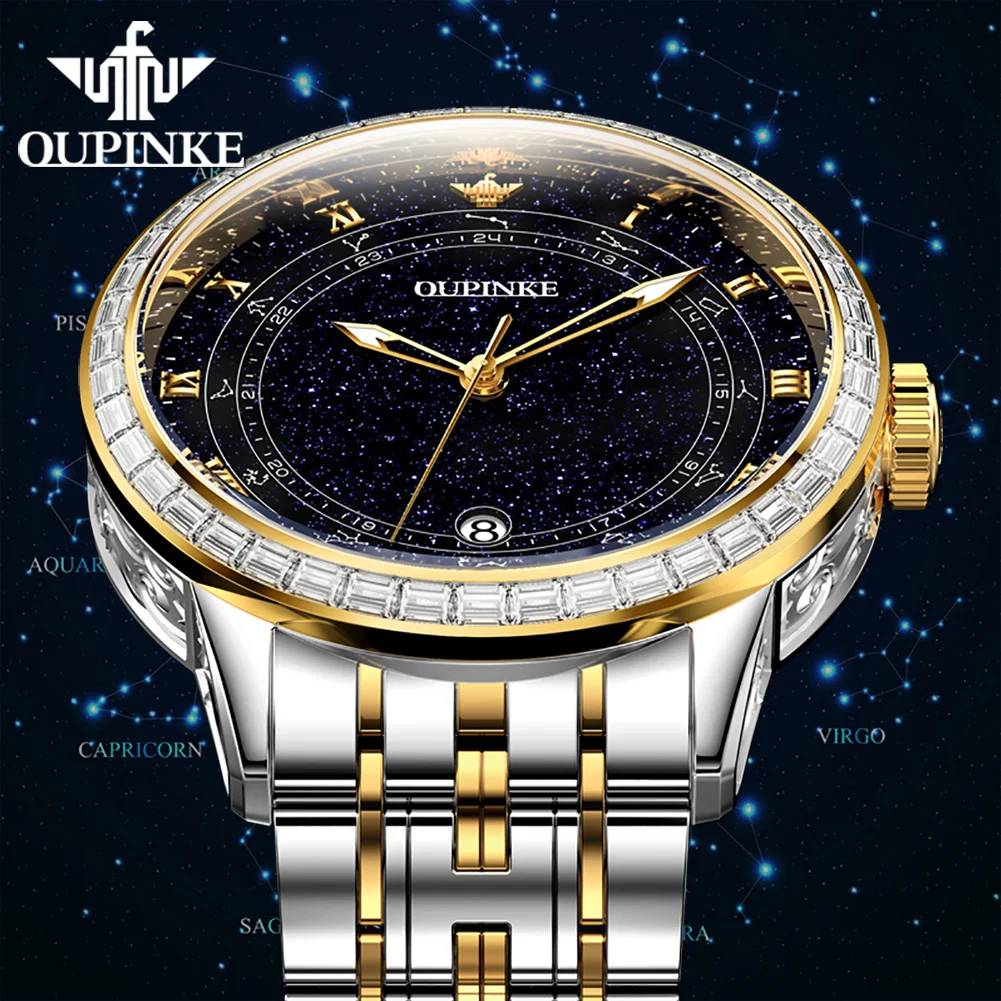 OUPINKE 3203 Full Diamond Men's Watch Stainless steel Strap Starry Sky Dial Auto Date Automatic Mechanical Man Watches