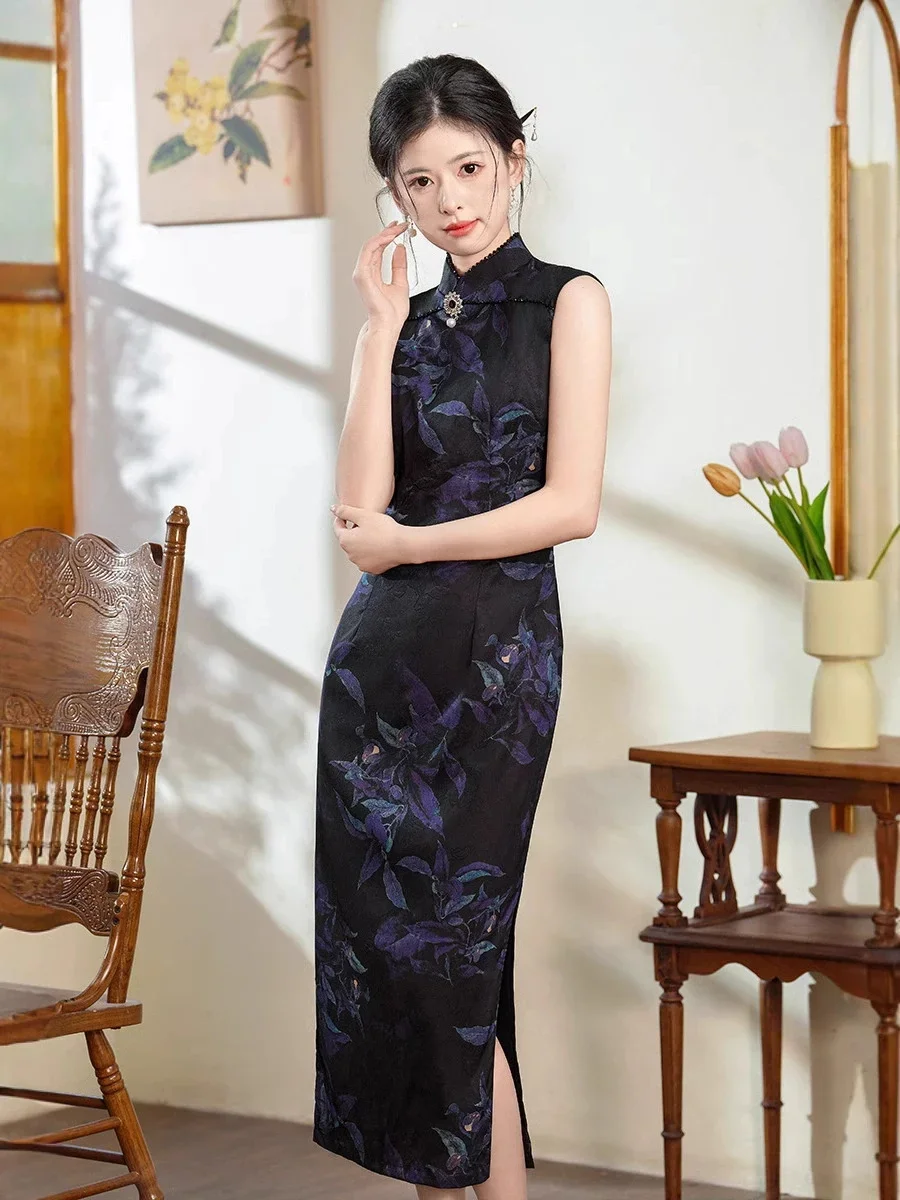

Длинное улучшенное платье Cheongsam без рукавов, новинка 2025, утягивающее платье высокого класса в стиле ретро для молодых девушек, весна/лето Qipao