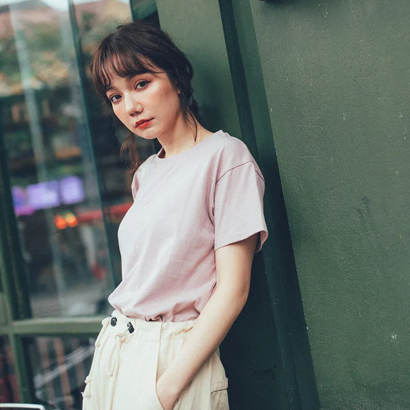 

Queenop Loose Cotton round Ne ort Sve T-irt Pure Color Street Sle Casual Comfortable Breathable Women's Top